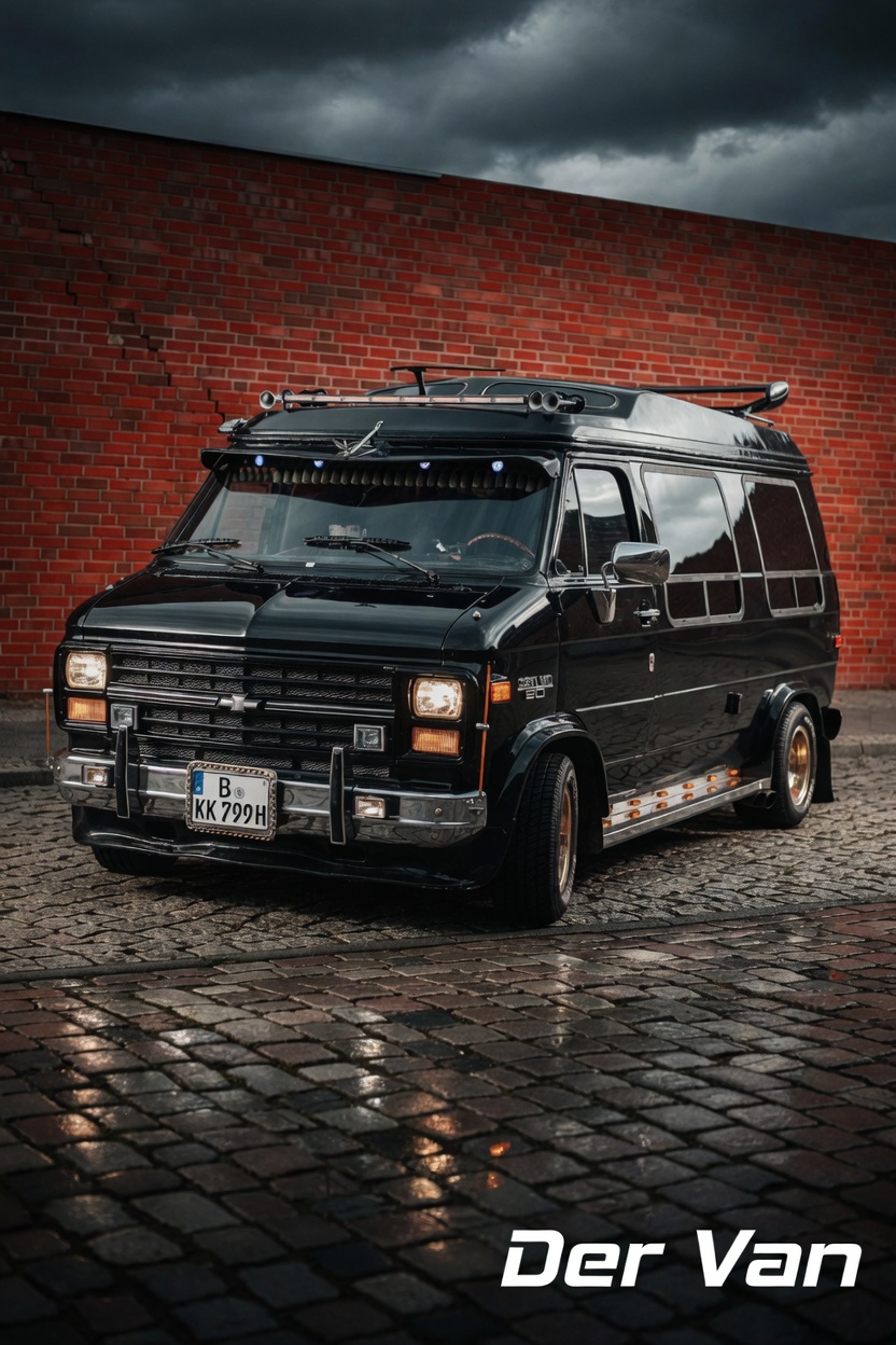 Van Visions — glossy black promo van against brick wall